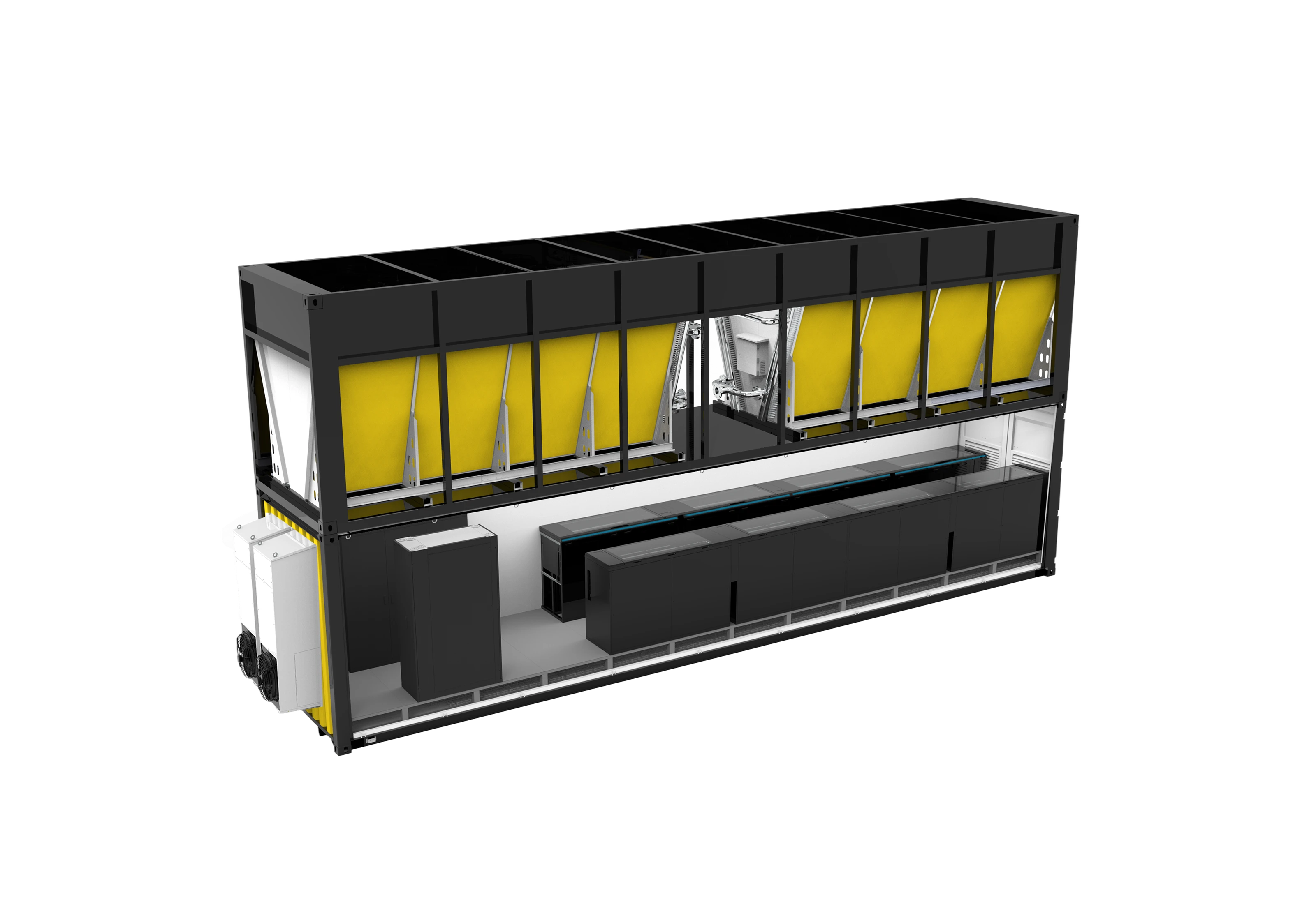 Rendering of the FogPod Imm container on a dark ground: dry cooler bays across the upper deck, the immersion tank row along the hall below, and the hall air units and cabinets at the near end