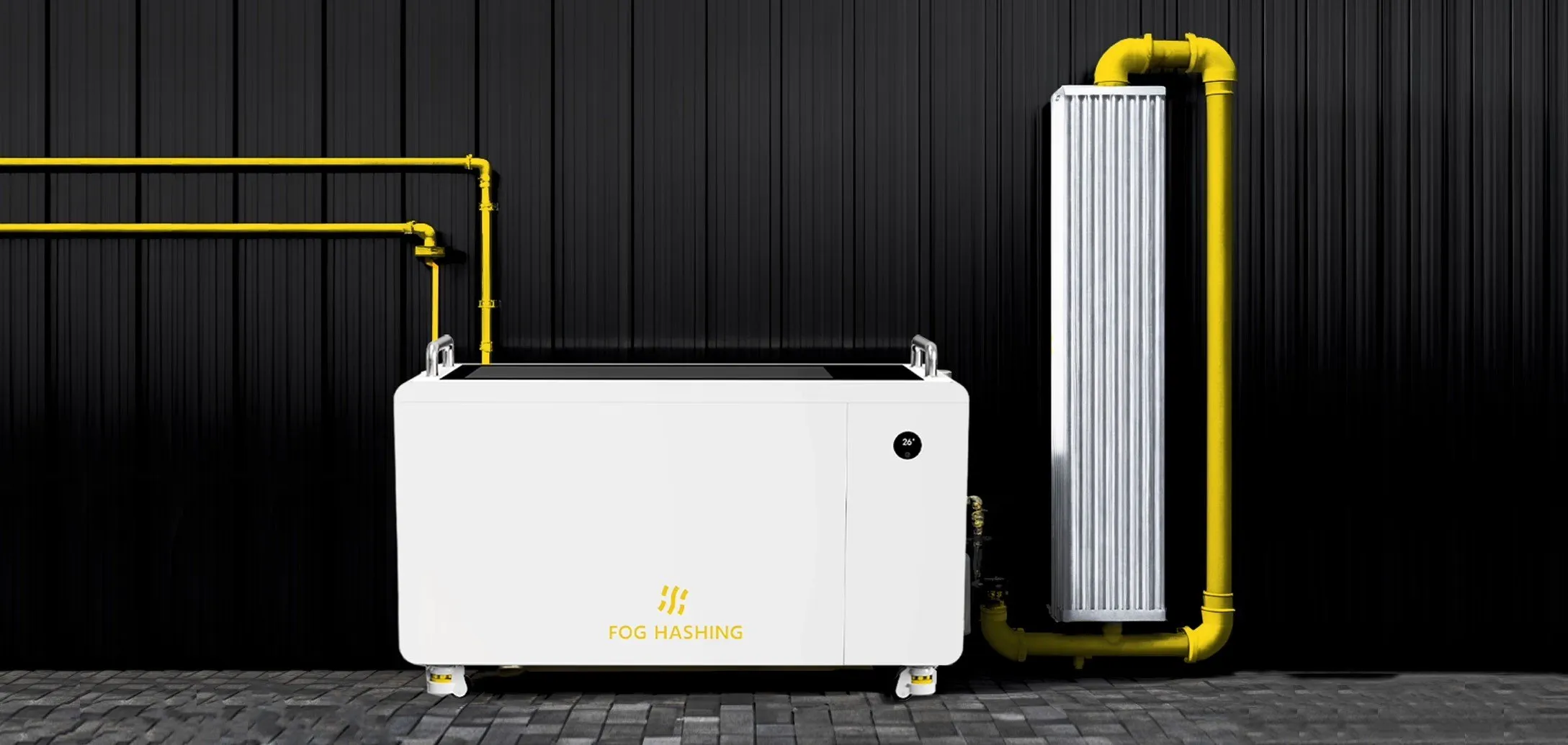 The tank piped to a room radiator, flow and return lines in yellow