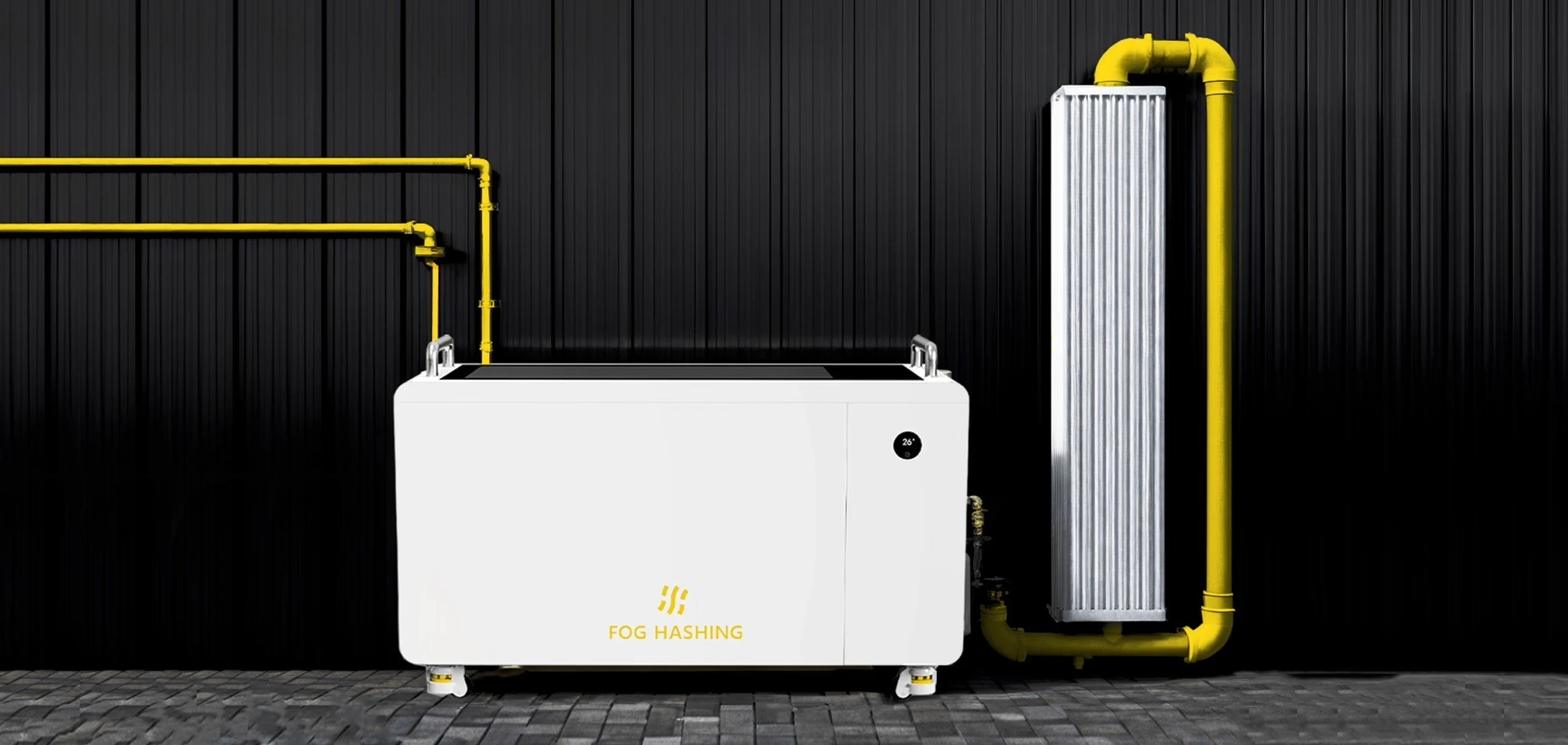 The tank piped to a room radiator, flow and return lines in yellow