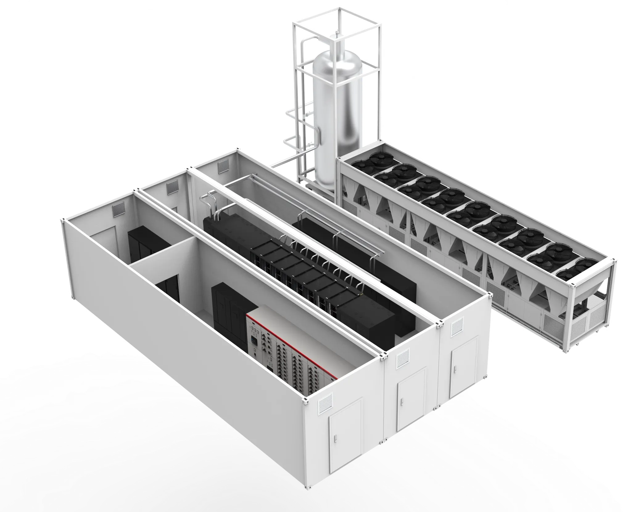 Exploded rendering of a FogPod DLC: the power container and IT container side by side, the cooling container behind them, and the heat rejection skid with its buffer tank alongside
