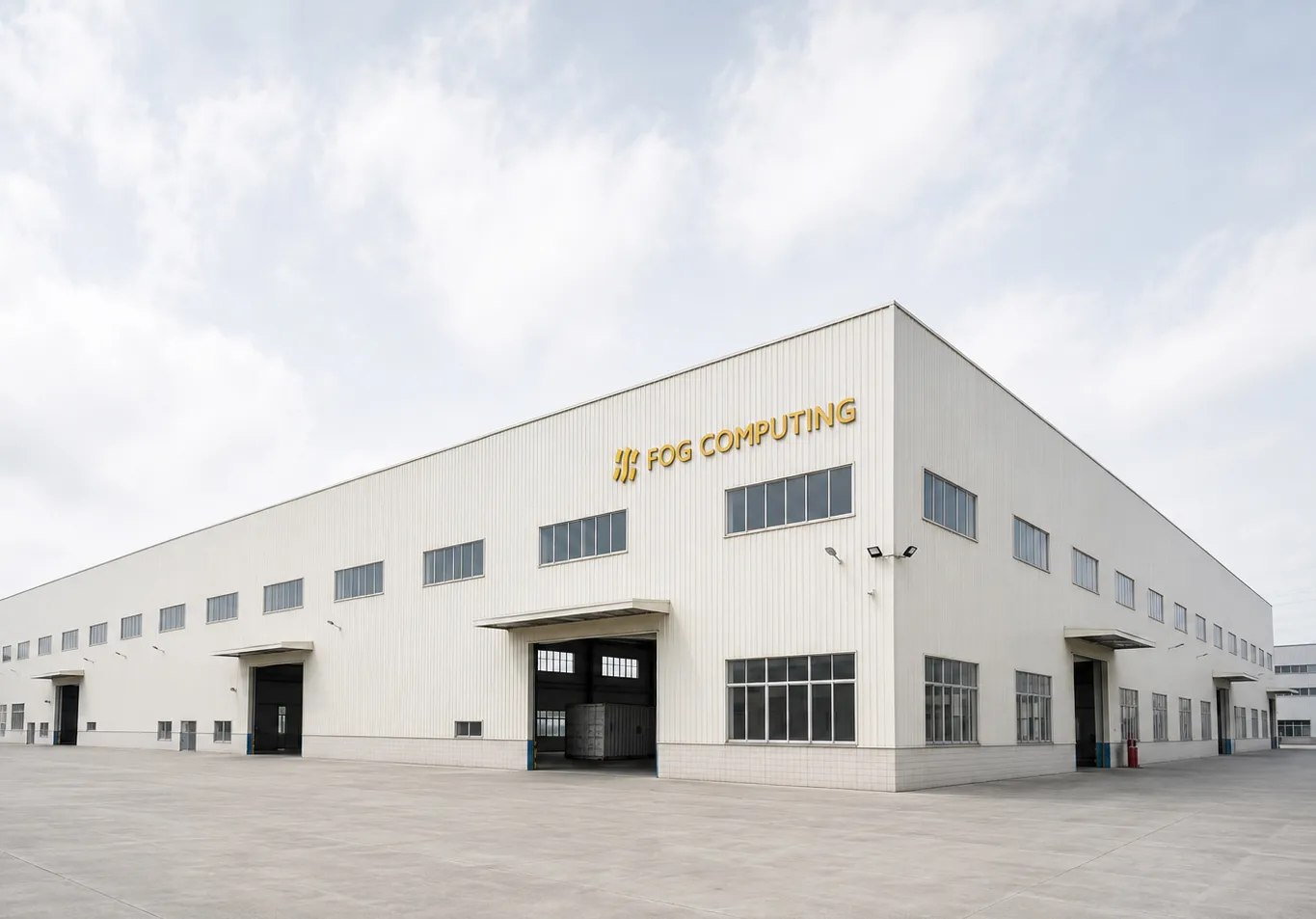 A Fog Computing plant from the yard, wordmark across the long elevation above the loading bays
