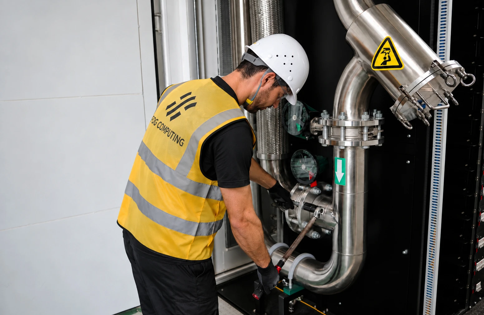 A Fog Computing technician torquing a coolant loop flange during factory acceptance testing
