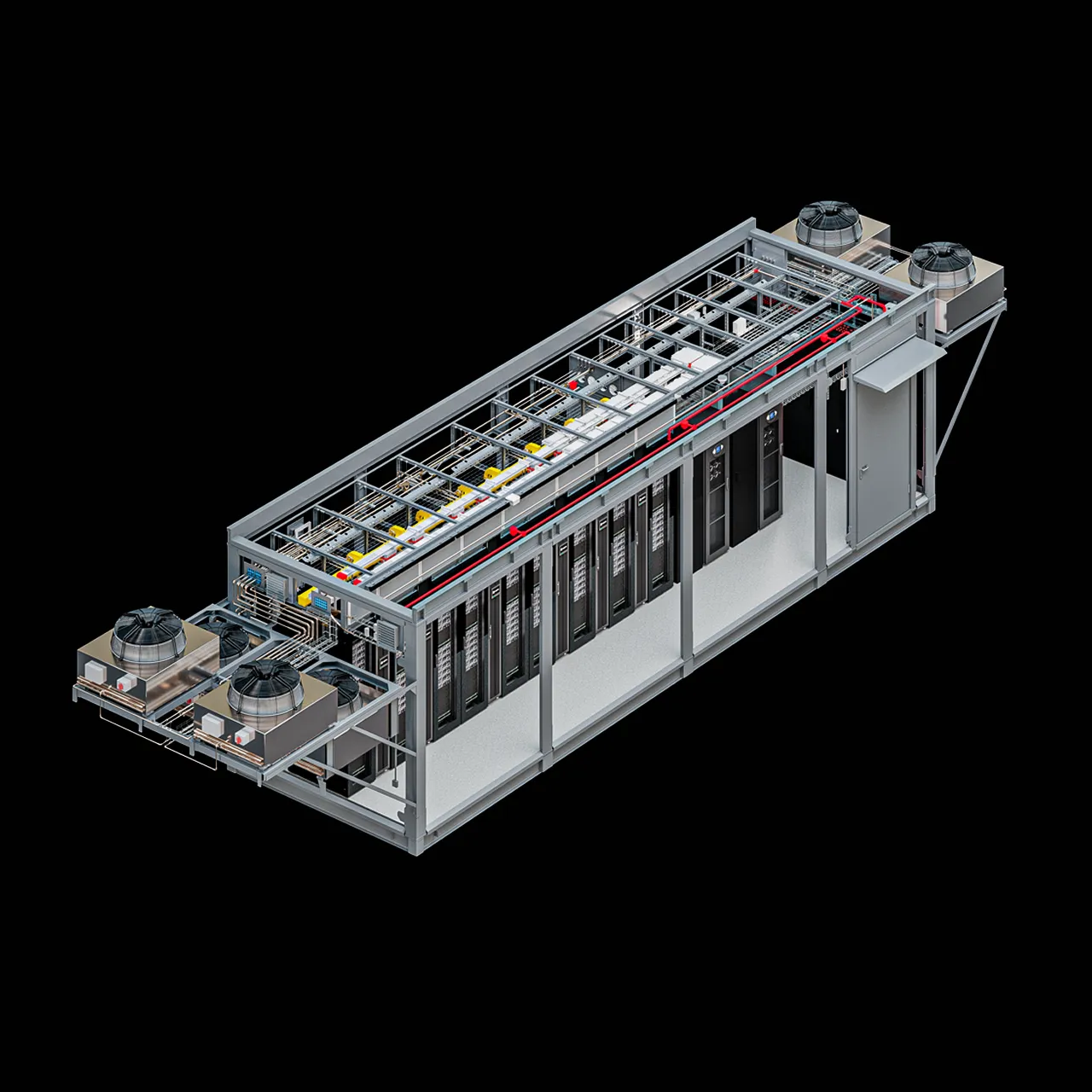 FogPod Air: cutaway render of the air-cooled module, rack rows under roof fan units