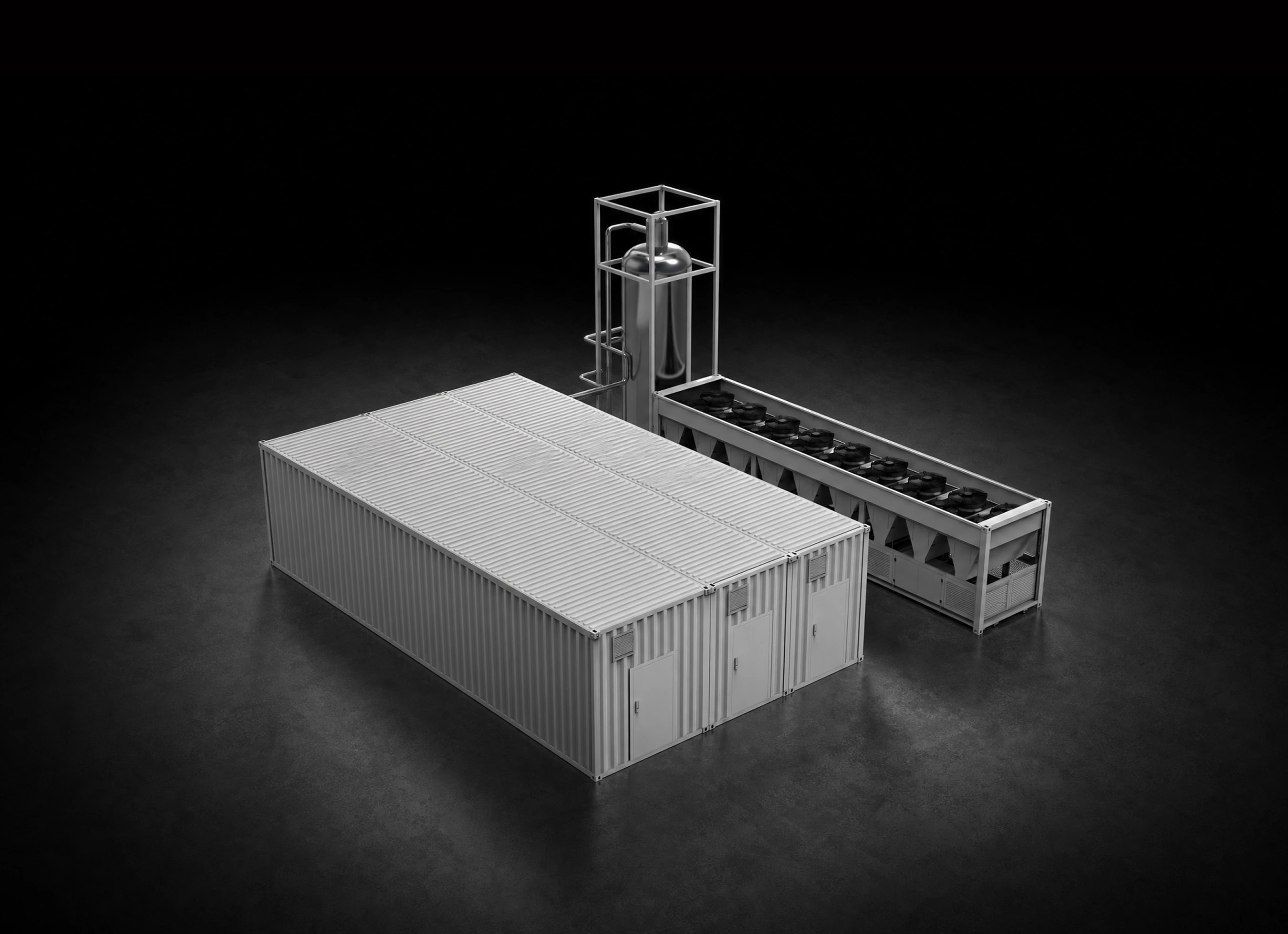 Dark studio rendering of a closed FogPod DLC block: three joined containers, the buffer tank in its frame behind them, and the heat rejection skid fan row alongside