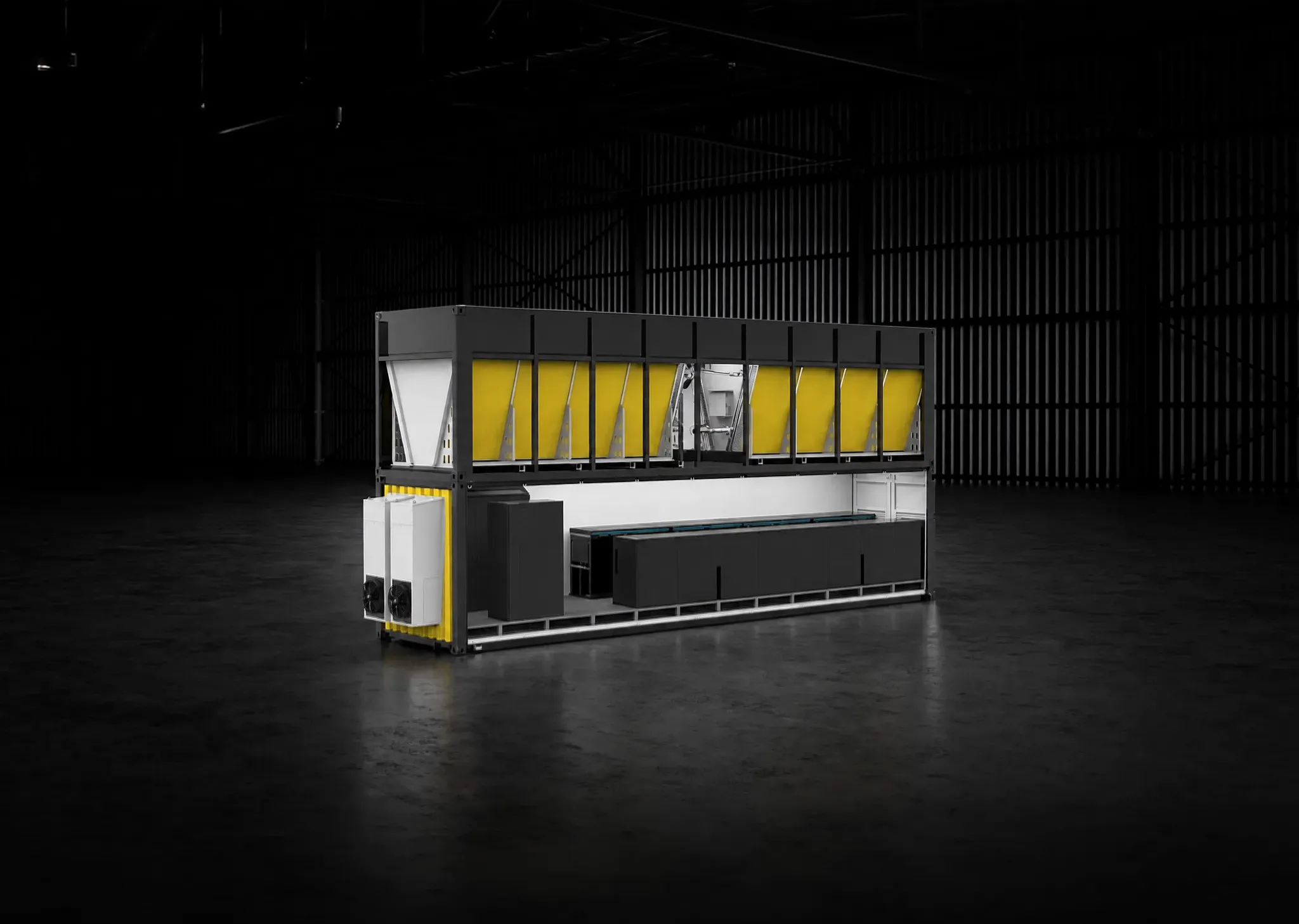 FogPod Imm: render of the two-deck container on a dark ground, dry cooler bays above the tank hall