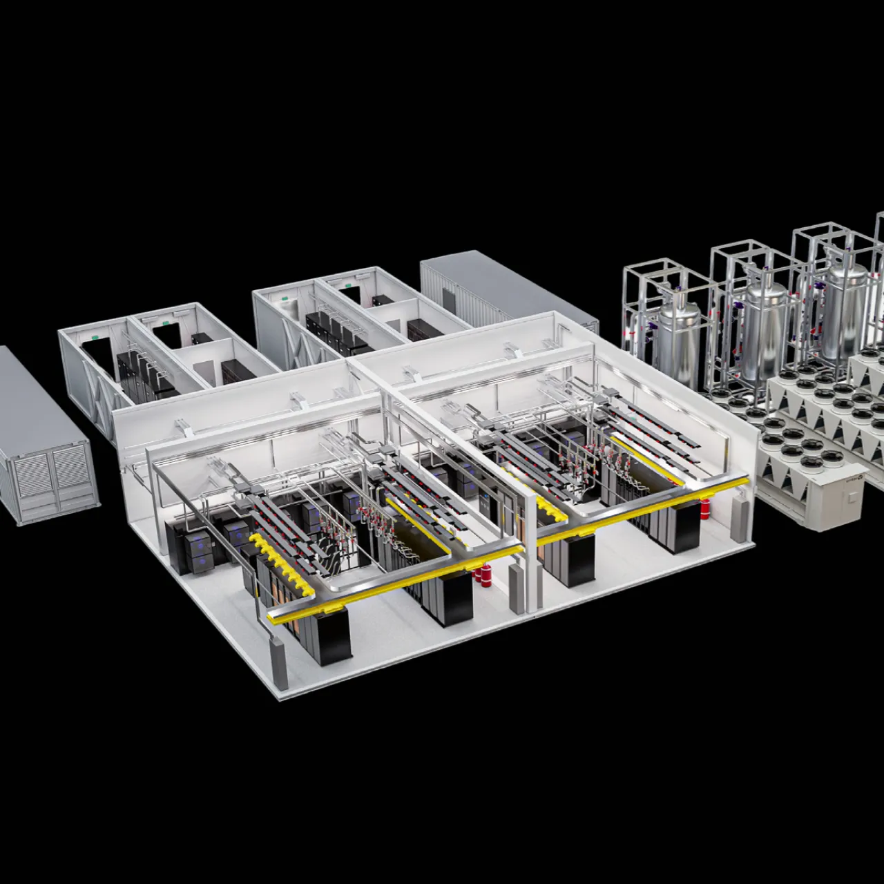 FogPod: cutaway render of the modular data hall, rack rows under overhead busway, cooling plant alongside