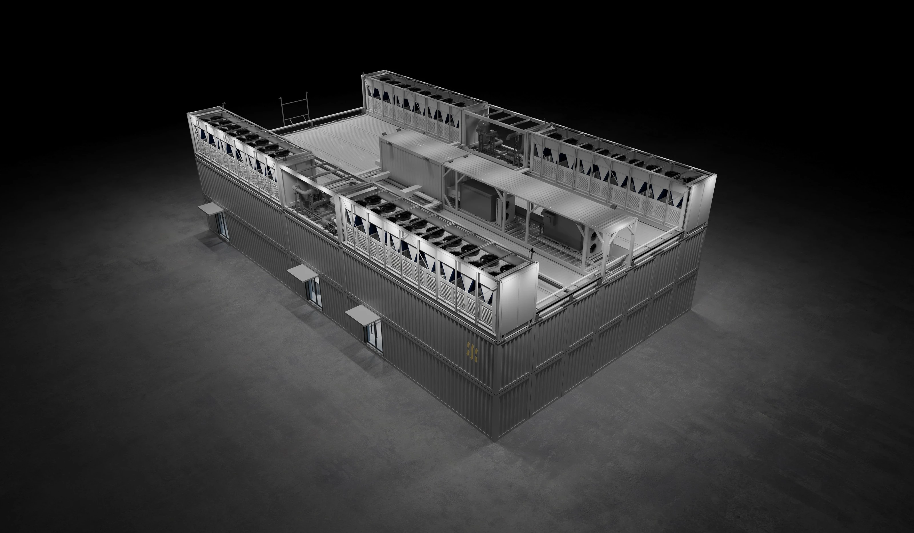 FogStack block: aerial render on a dark ground, two levels of stacked containers with dry cooler rows around the top deck