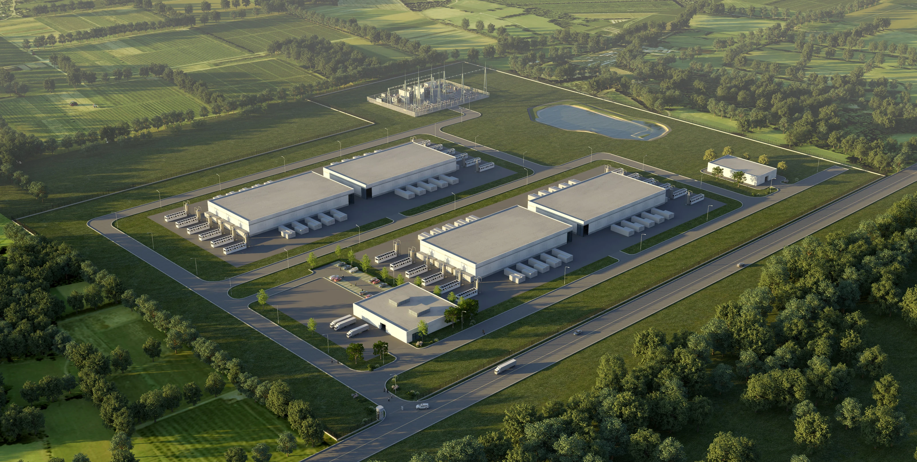 Aerial rendering of a FogStack campus from the approach road: four data halls with container blocks along their flanks, the logistics building at the gate and the substation beyond