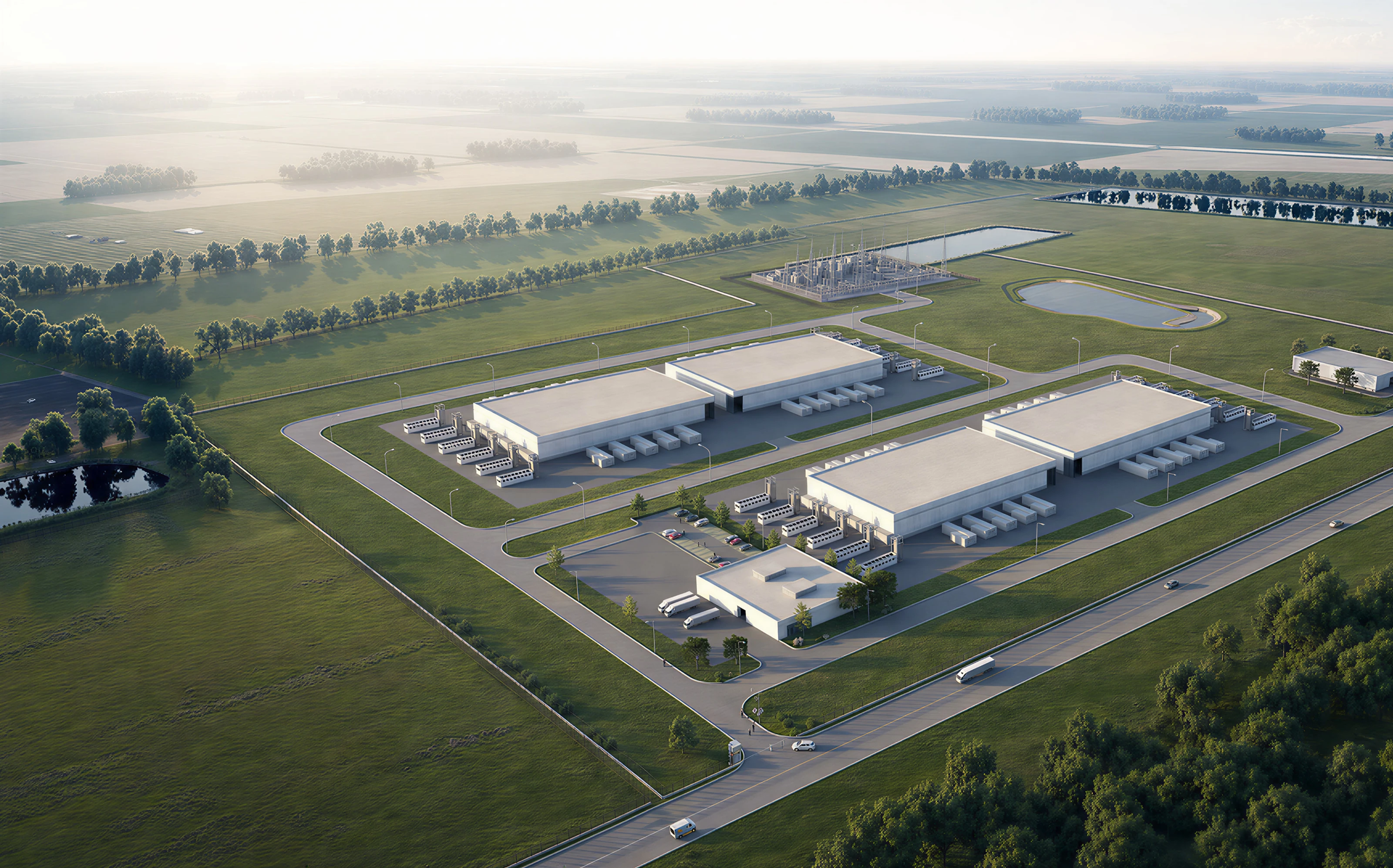 Aerial rendering of a four-hall FogStack campus on a greenfield site: container blocks flanking the data halls, the substation and retention pond beyond, farmland and treelines to the horizon