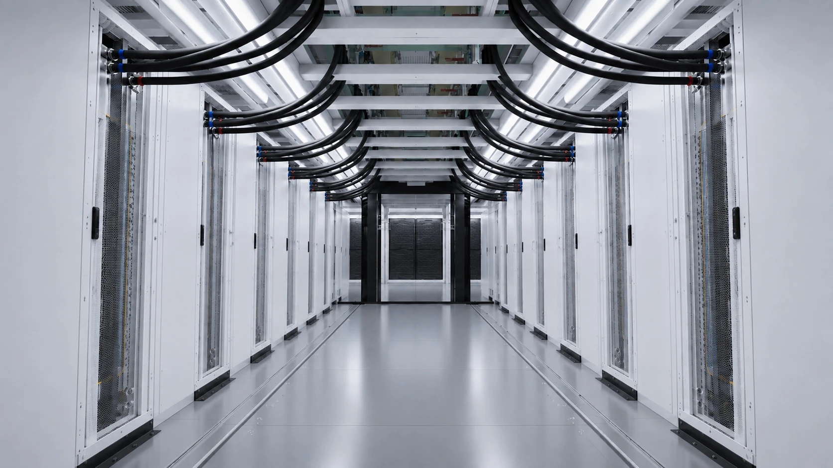 Aisle of a FogStack IT hall: white rack fronts down both sides under the overhead power cabling