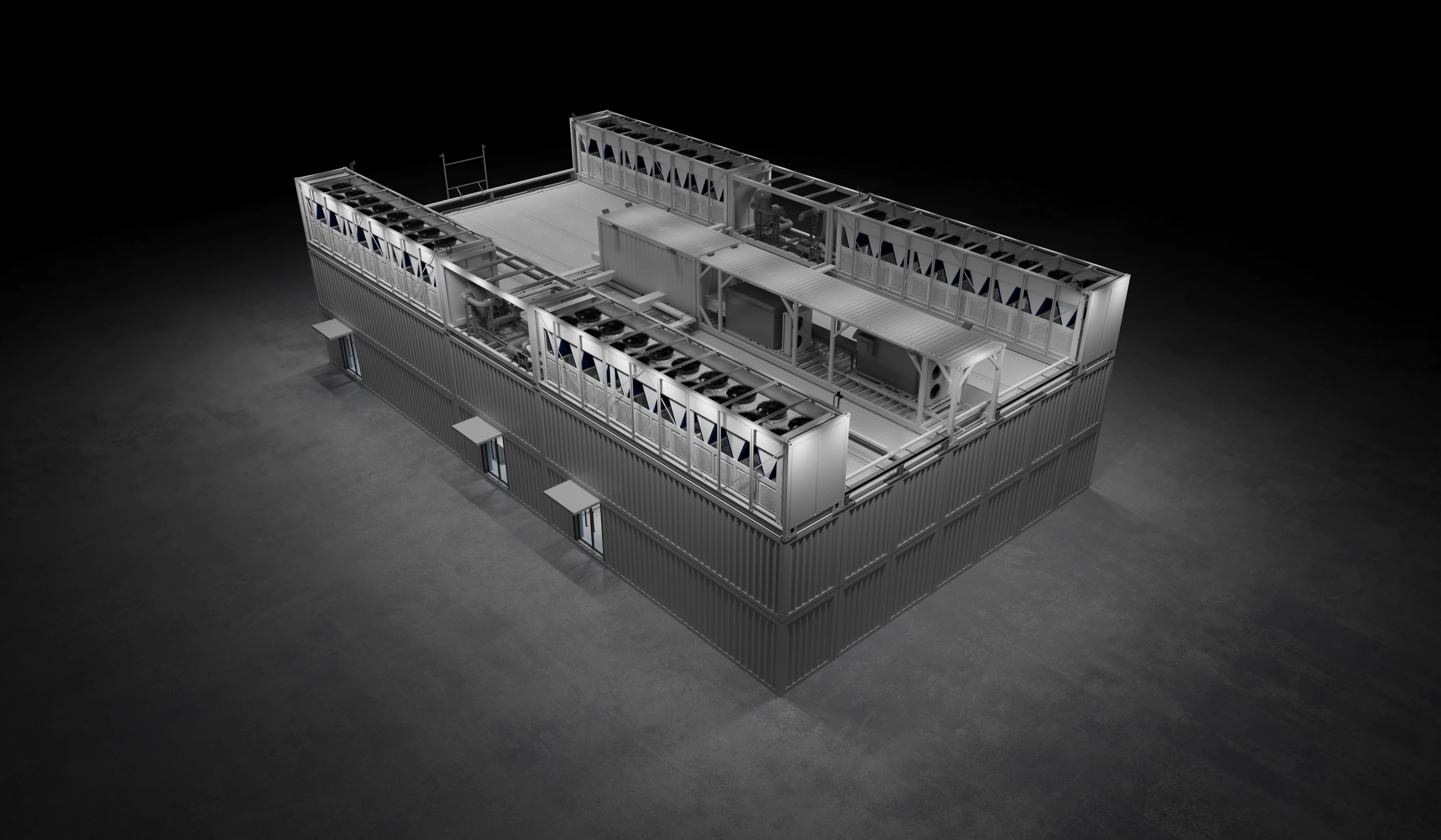 FogStack block: aerial render on a dark ground, two levels of stacked containers with dry cooler rows around the top deck