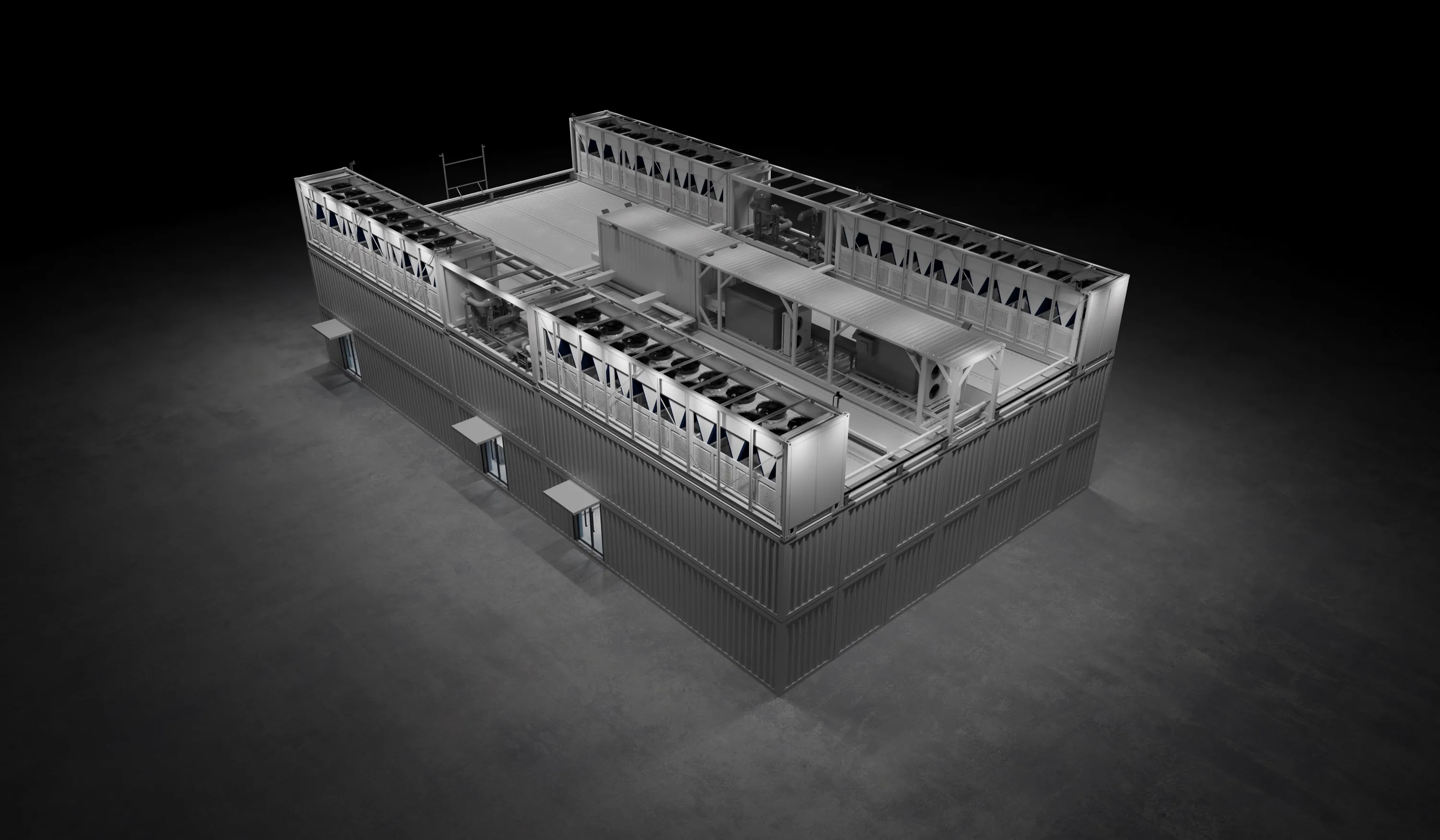 FogStack block: aerial render on a dark ground, two levels of stacked containers with dry cooler rows around the top deck