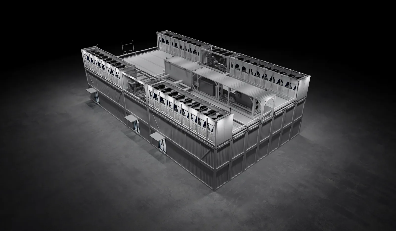 FogStack block, three levels of stacked containers with the chiller plant on the roof, render
