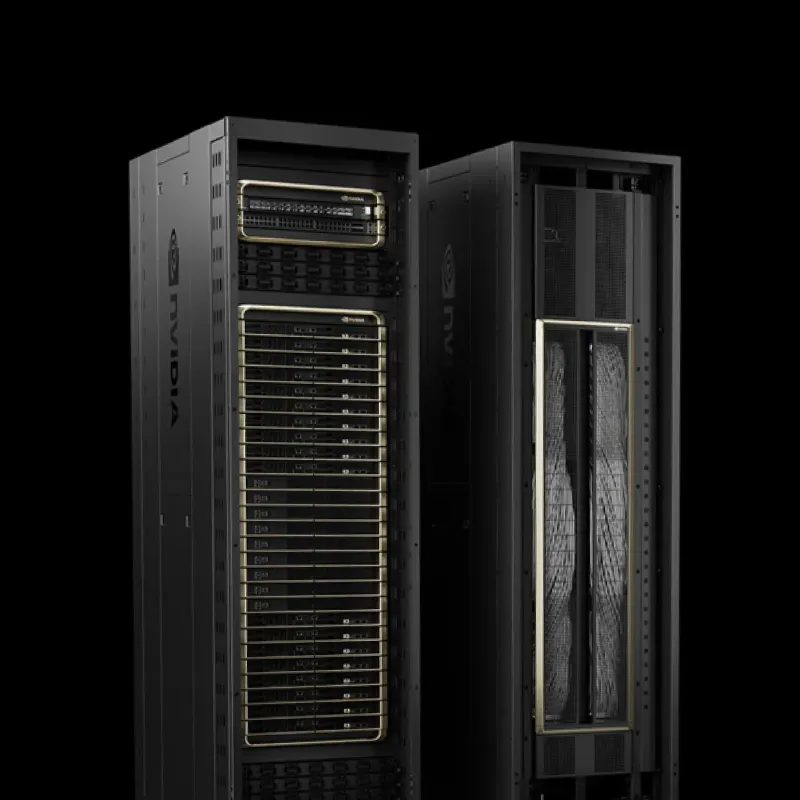 NVIDIA GB200 NVL72, a compute rack beside its cooling cabinet