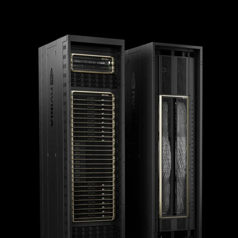 NVIDIA GB200 NVL72, a compute rack beside its cooling cabinet