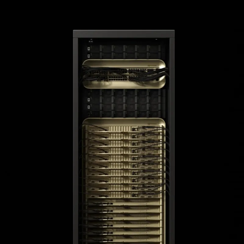 NVIDIA GB300 NVL72 rack, compute and switch trays cabled at the front