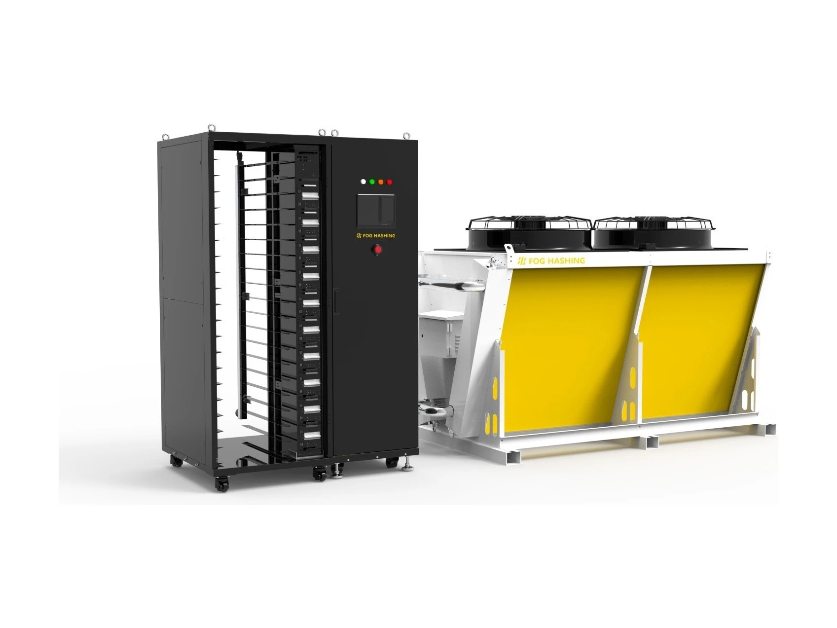 H200-M rack beside its dry cooler, render