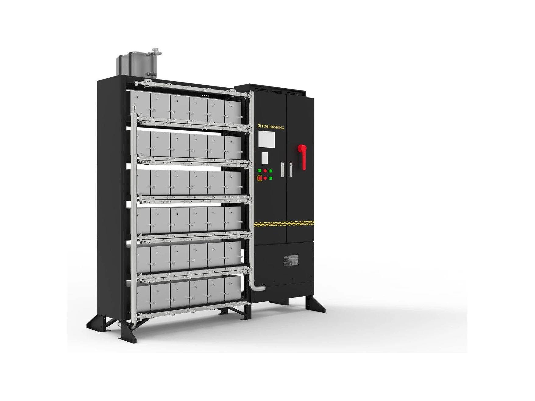 H200-S shoe-box rack with the control cabinet alongside, render