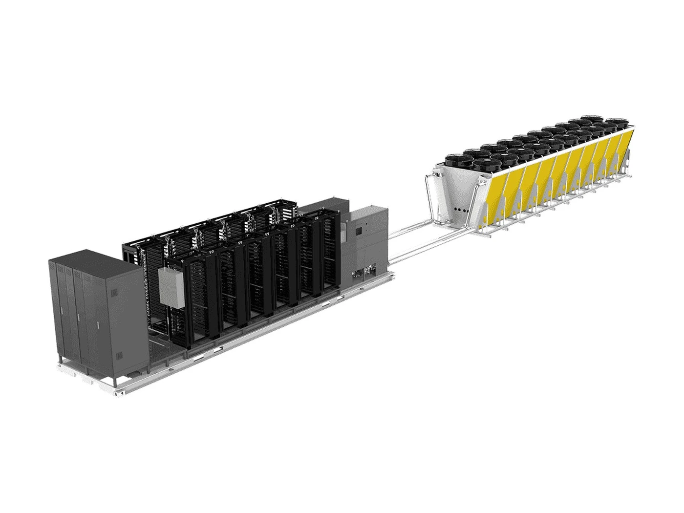 H2400-M Cluster, two skid-mounted rack rows linked by the cooling loop