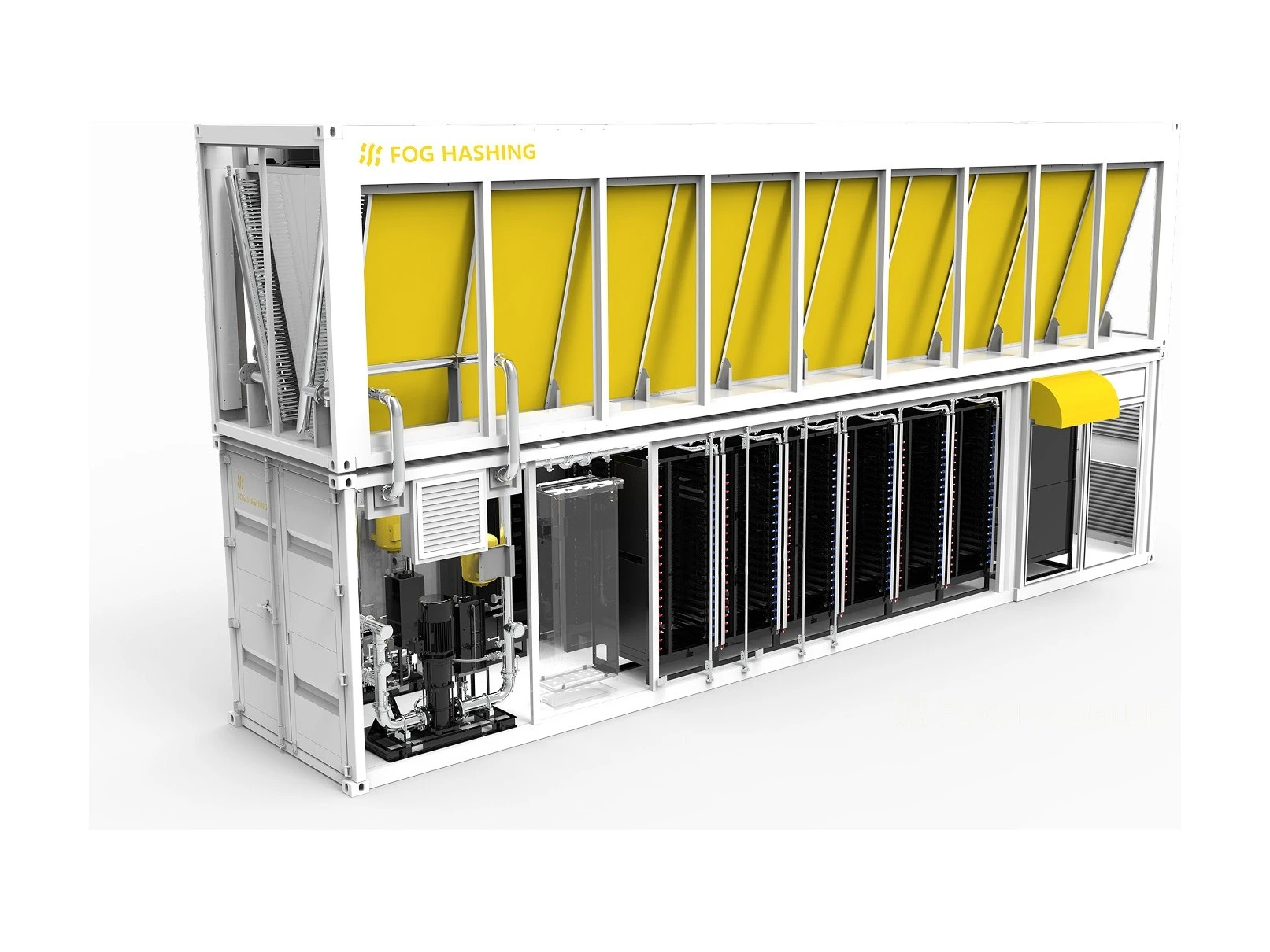 HC40-M2400 container with the cooling wall raised over the miner racks