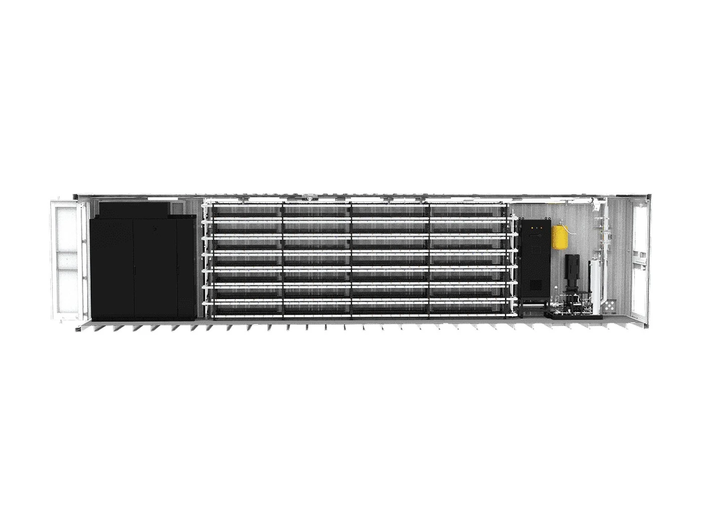 HC40-S2400 container, plan render of the shoe-box miner rows and the radiator wall