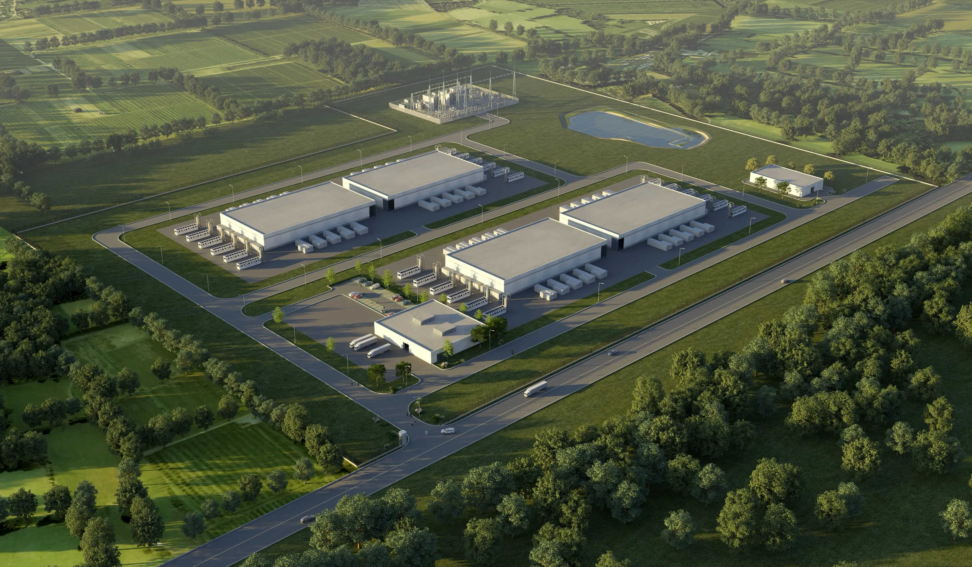 Rendering of a Fog campus from the air: three data halls on a graded pad with the substation feeding them