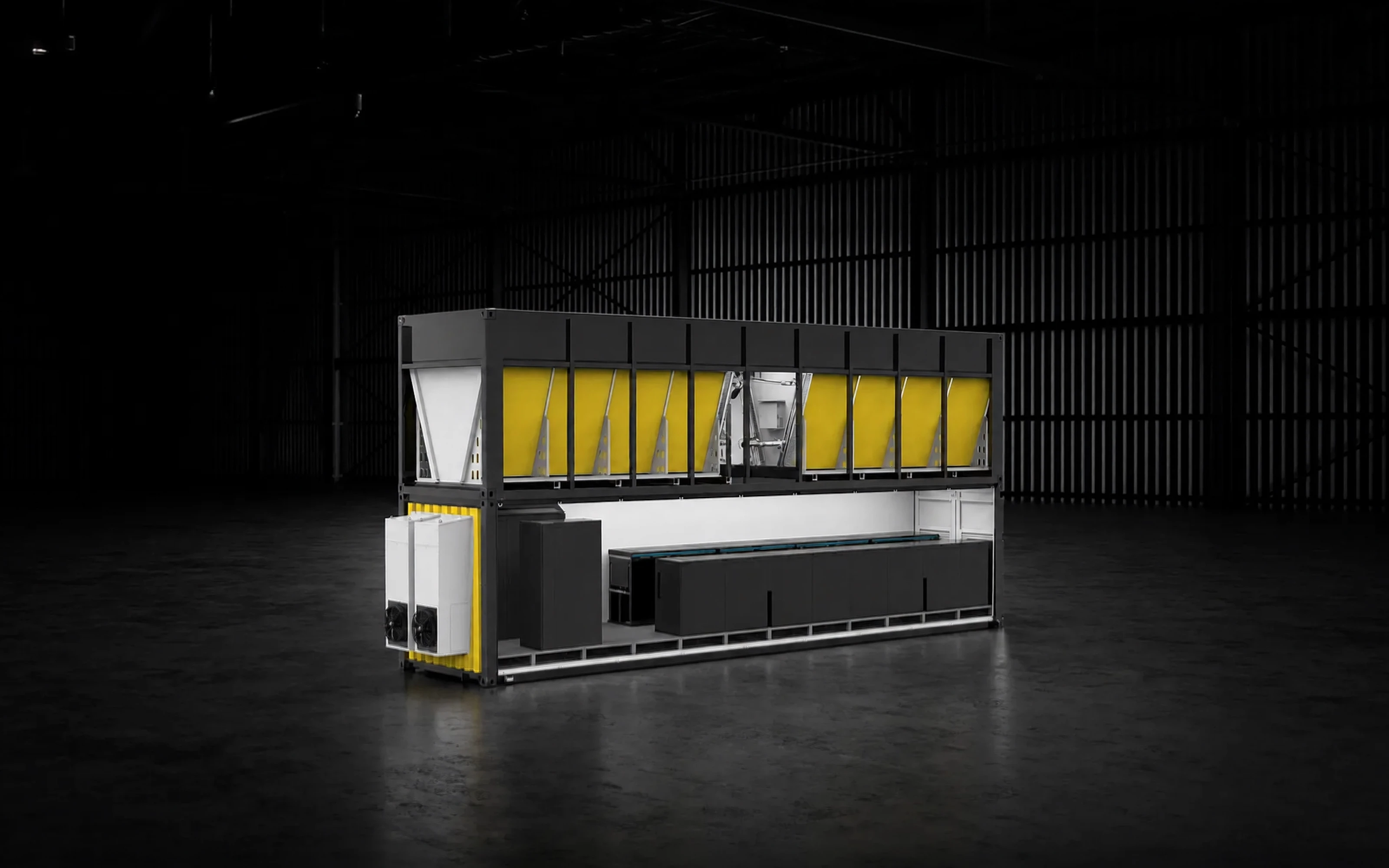 Cutaway rendering of the FogPod Imm on a dark studio ground: the immersion tank hall along the lower deck, the heat rejection level stacked above it