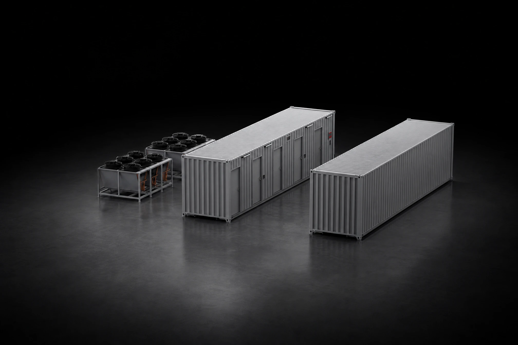 FogPod Air: the hall container, power module container and heat rejection skids on a dark ground