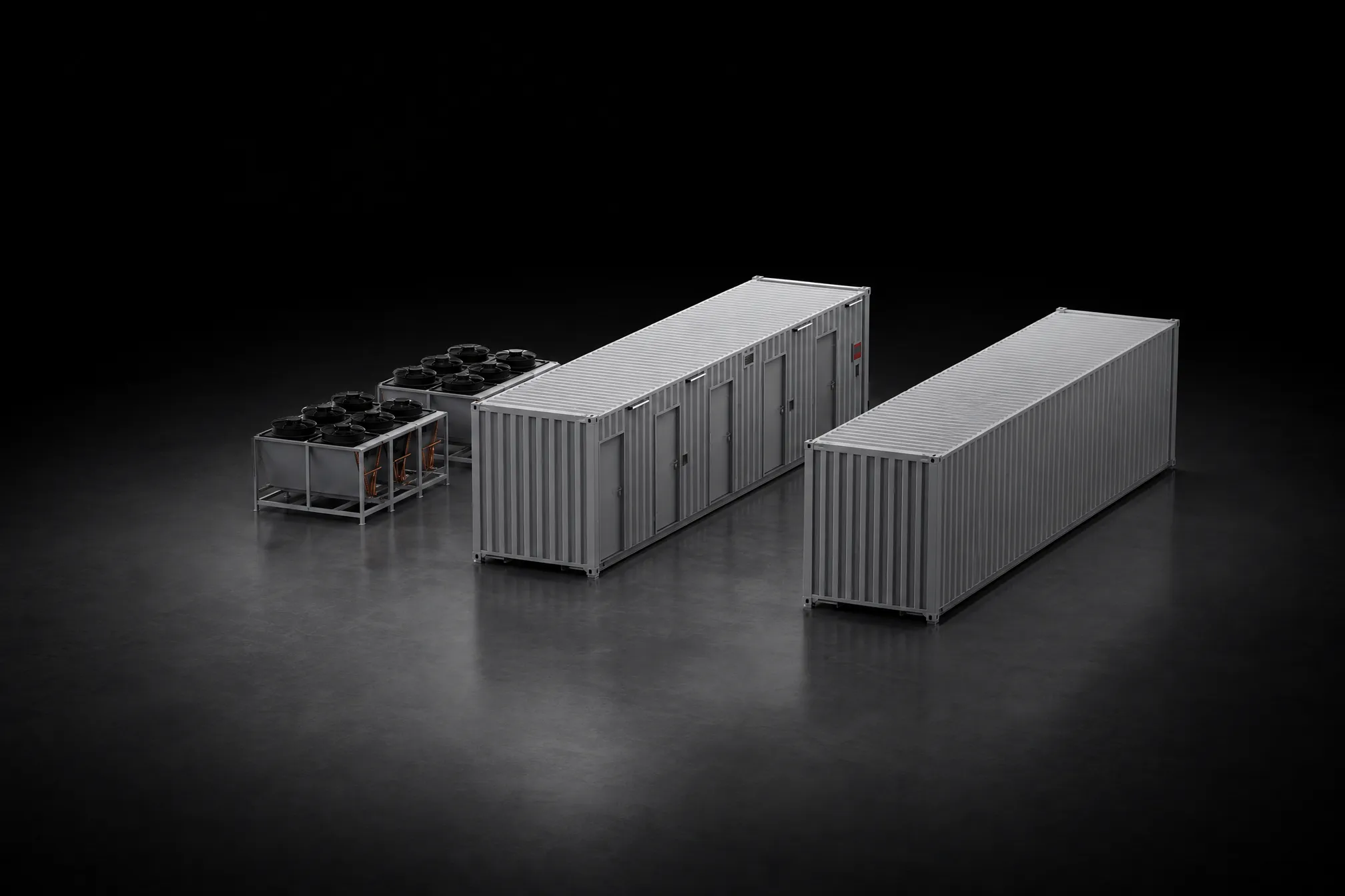 FogPod Air: the hall container, power module container and heat rejection skids on a dark ground