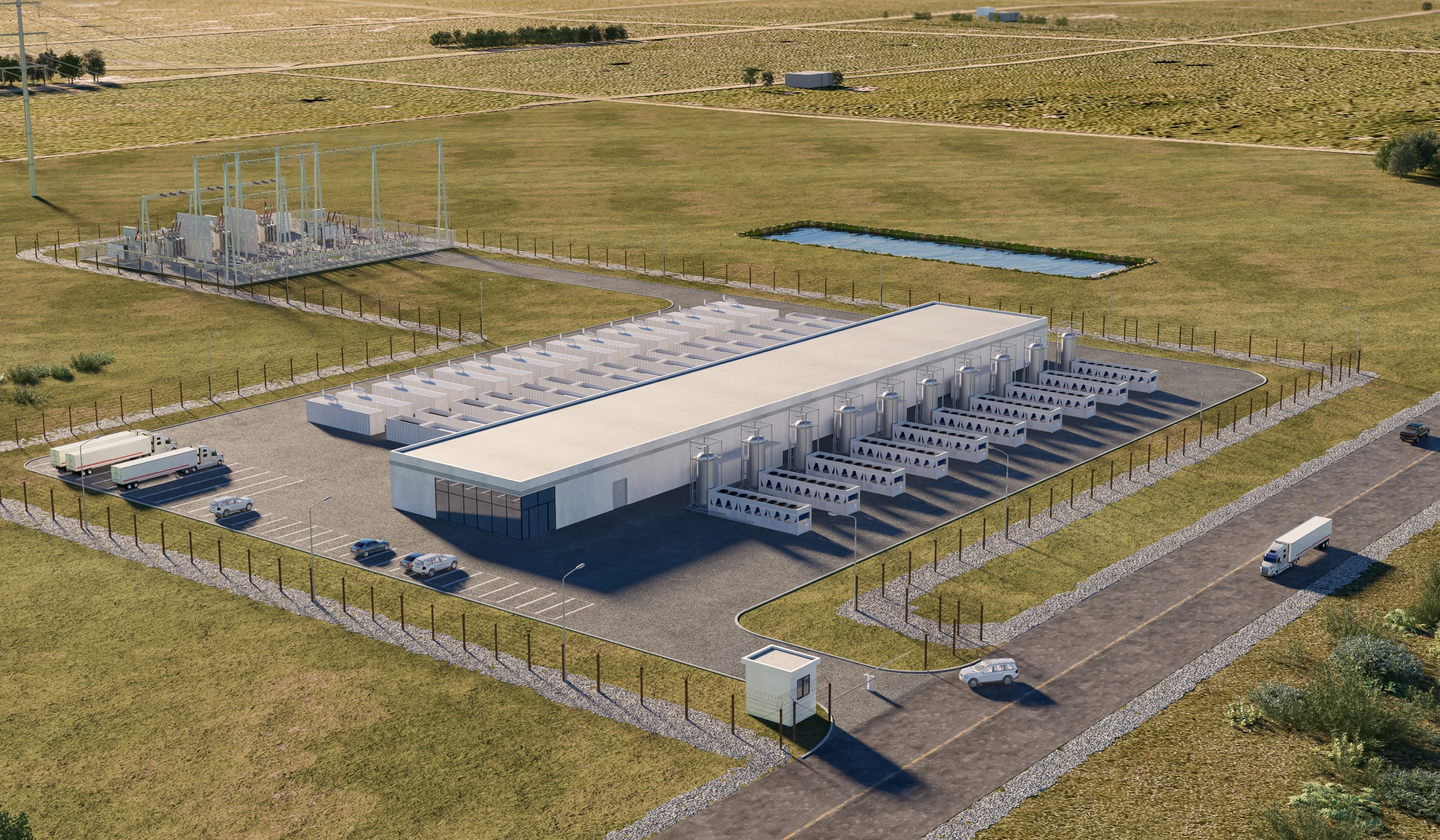 Aerial rendering of a 10 MW FogStack site: the data hall with its module rows behind it and a line of chillers and buffer tanks along its front, the substation and retention pond beyond, trucks at the gate and the access road running past the fence