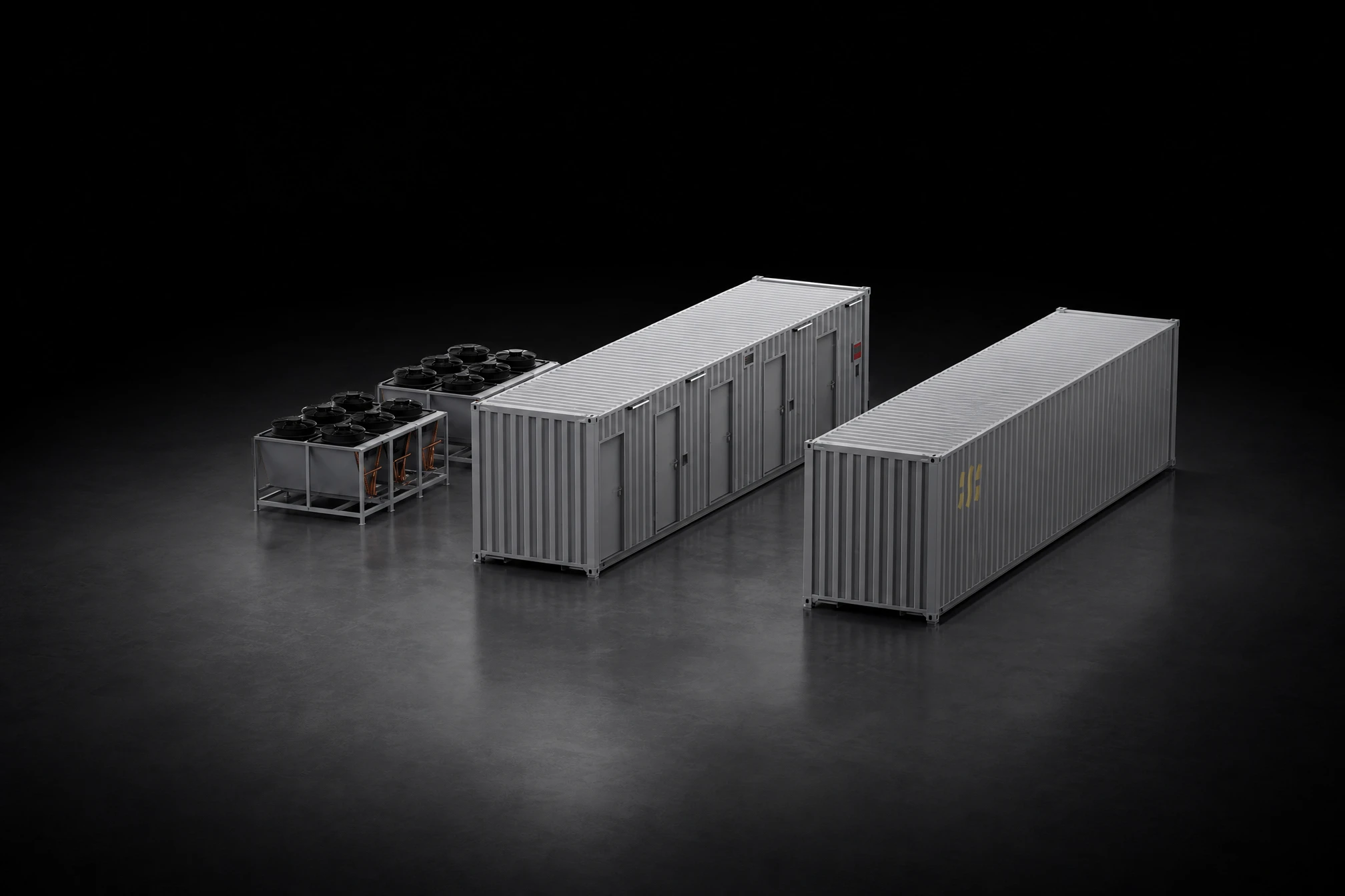 Rendering of a FogPod Air site on a dark studio ground: the 40 ft hall container with five doors along its side, the power module container beside it, and two heat rejection skids at the left