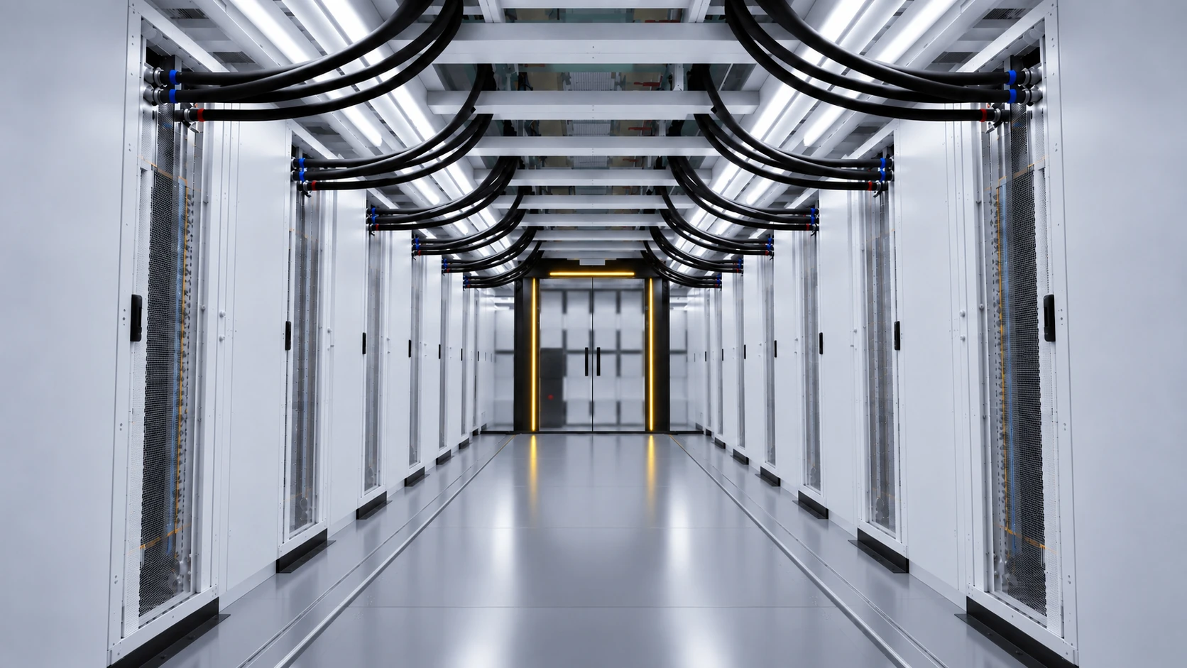 Cold aisle of a white-paneled data hall, coolant hoses arcing from the overhead tray into each cabinet
