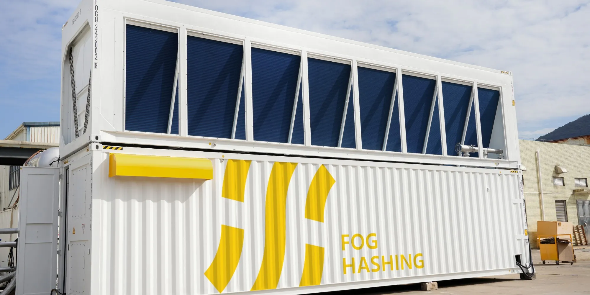 A hydro cooling container on the pad, radiator bank along the roofline