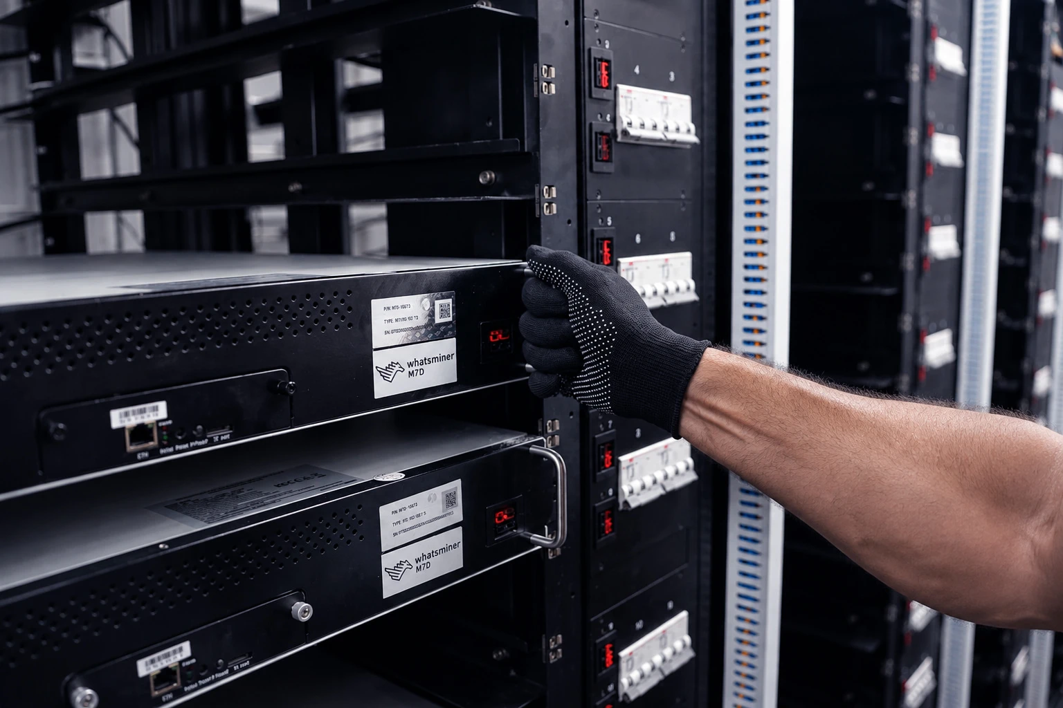 A gloved hand drawing a WhatsMiner M7D out of its hydro-cooled rack, breaker column alongside