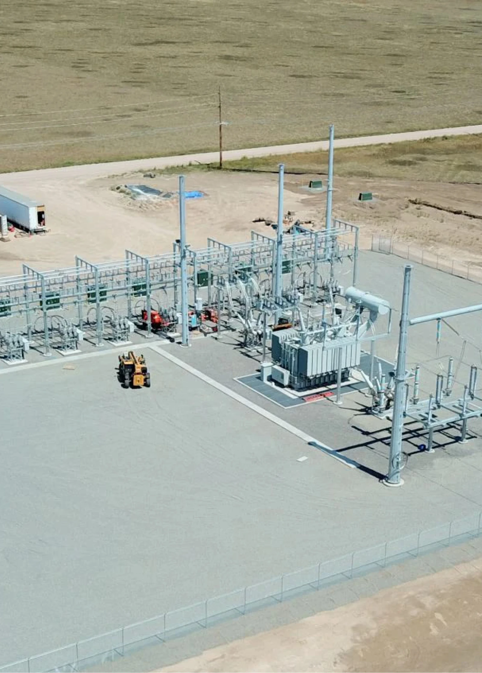 A substation from the air, gantry steel up and the main transformer set on its pad