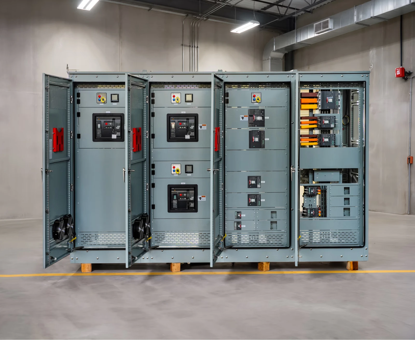 Four switchboard cubicles in a row on the plant floor, doors closed