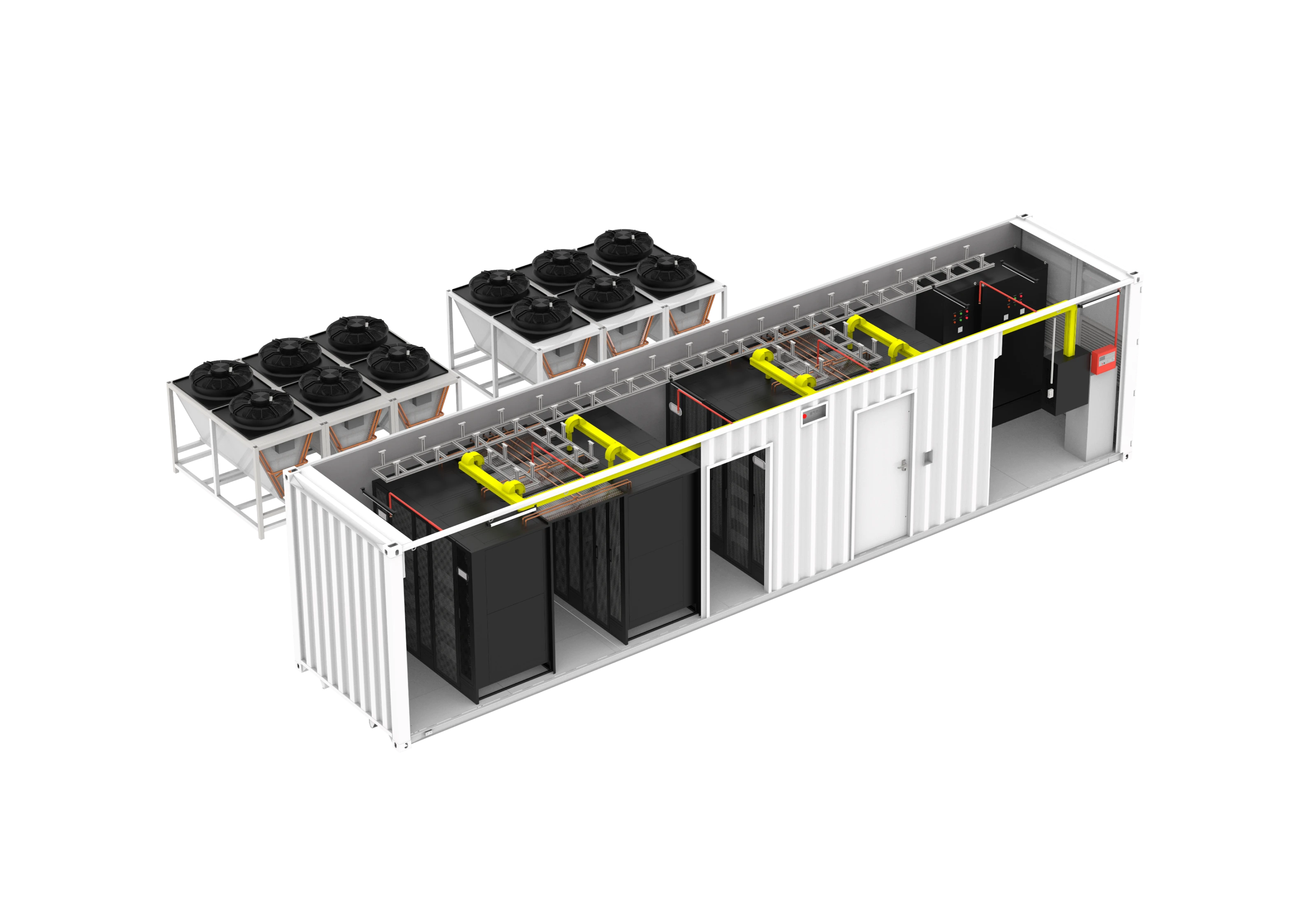 Cutaway rendering of the FogPod Air hall: rack rows along the container under the yellow busway and coolant piping, the distribution cabinets at the far end, and two heat rejection skids outside