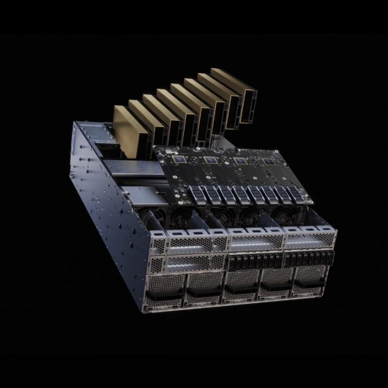 RTX PRO server chassis in exploded view, eight GPUs fanned above the tray