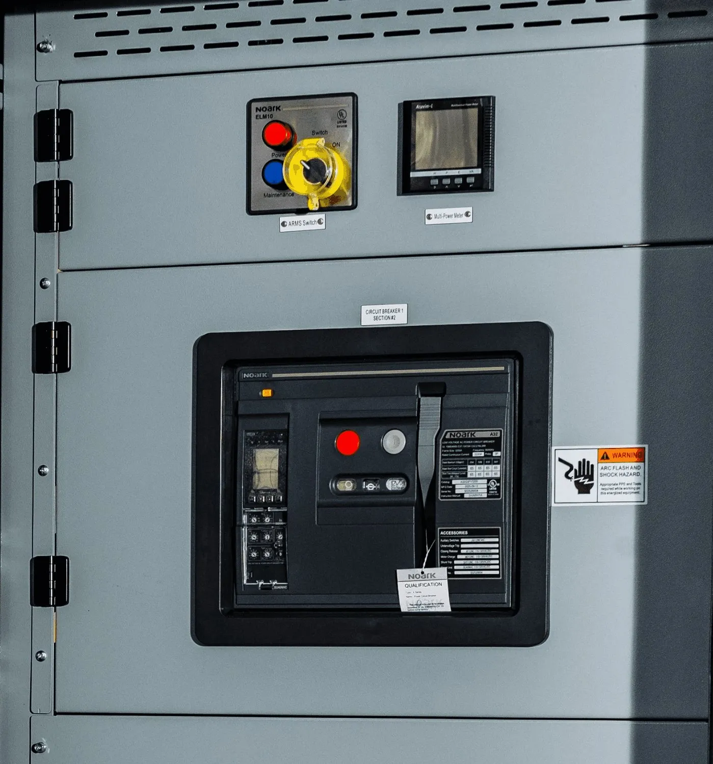 A single switchboard section, breakers and metering visible
