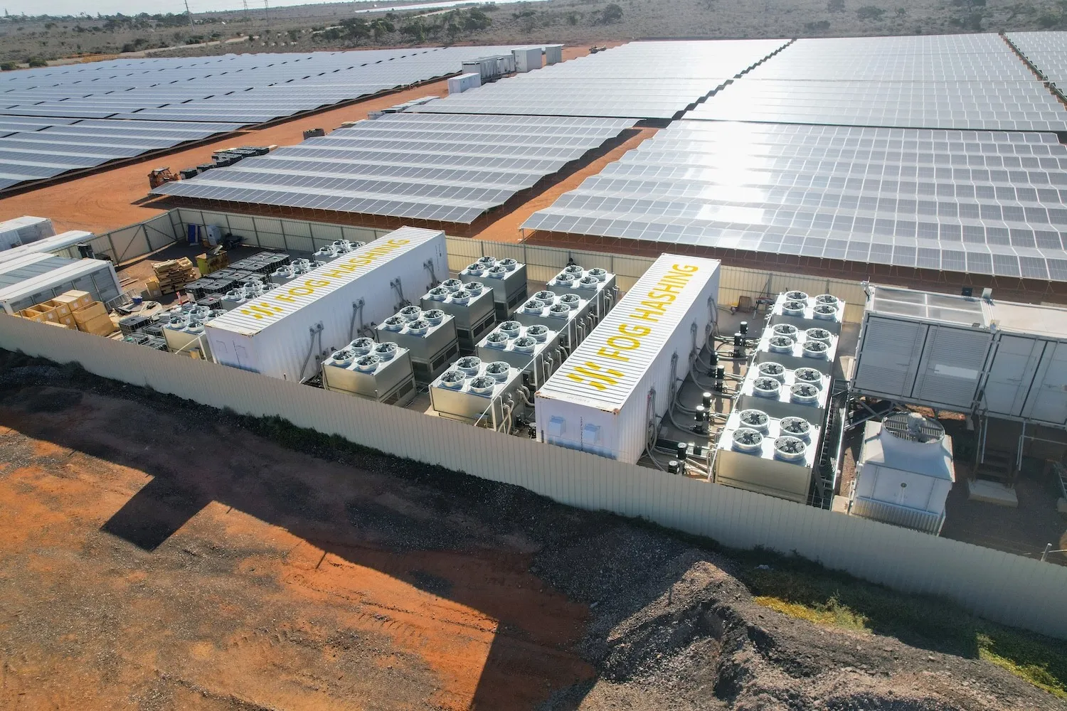 Aerial view of BC40 containers beside a solar array