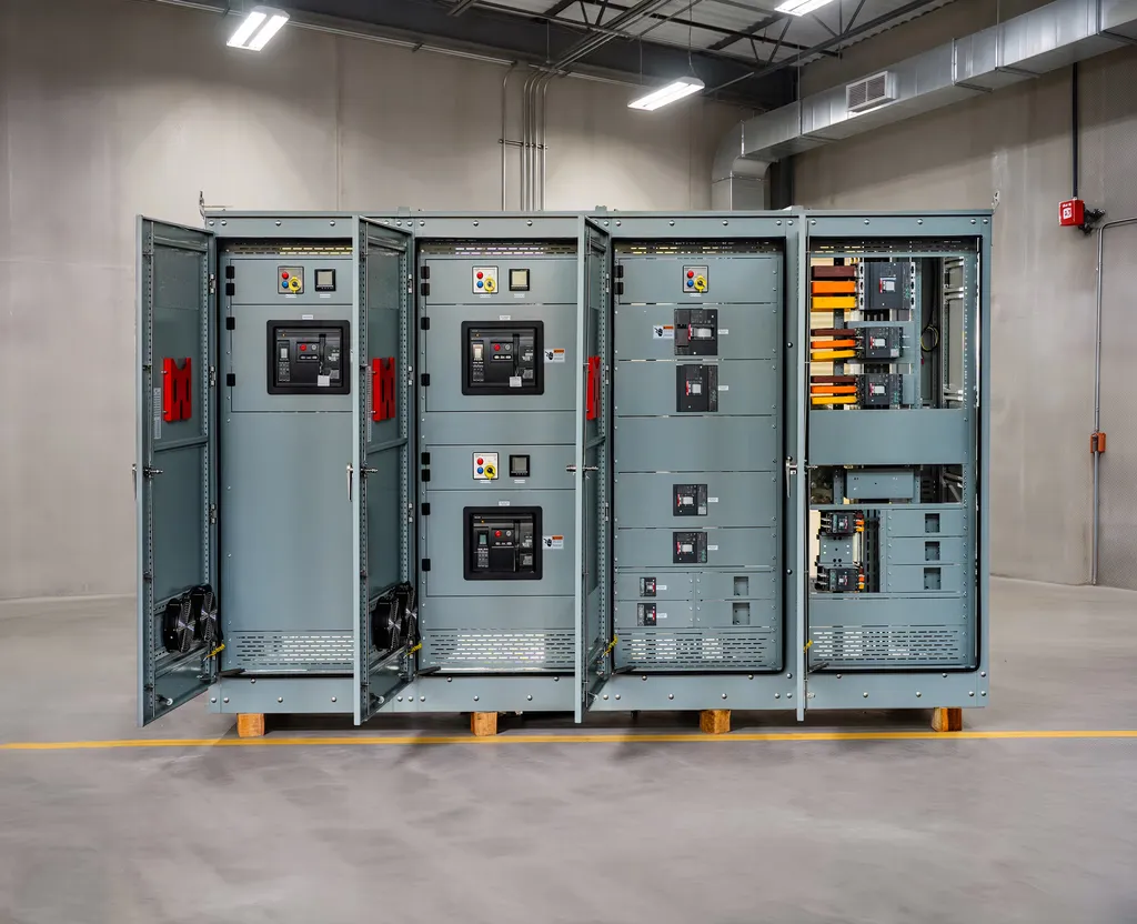 Fog switchboard lineup on the factory floor, doors open on the breaker sections