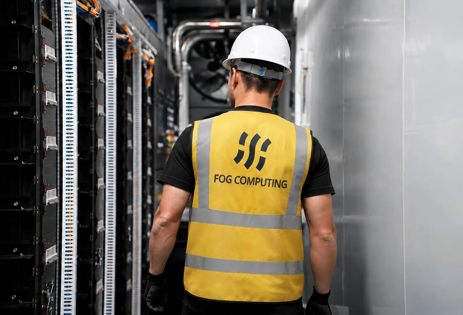 A Fog Computing technician walking the aisle between two immersion rows