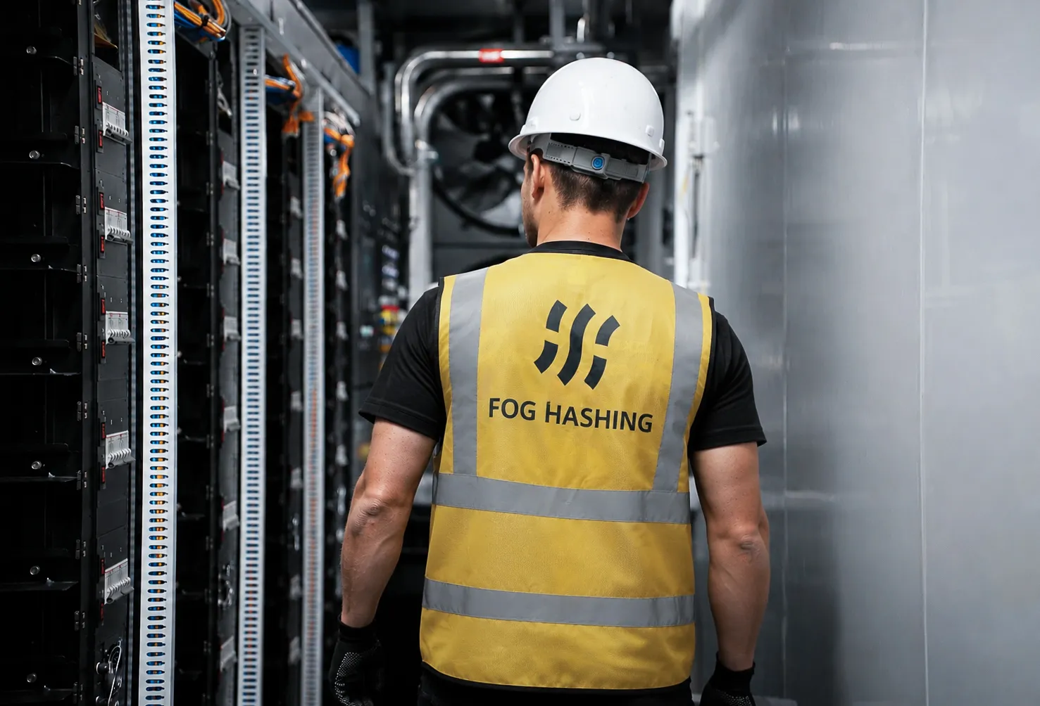 A Fog Hashing technician walking the aisle between two immersion rows