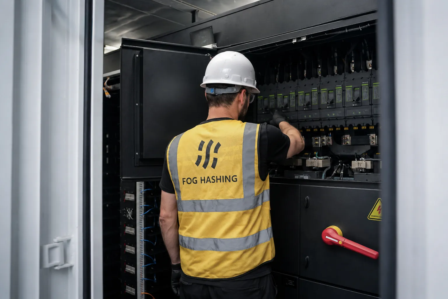 Fog Hashing technician working inside an energized switchgear section