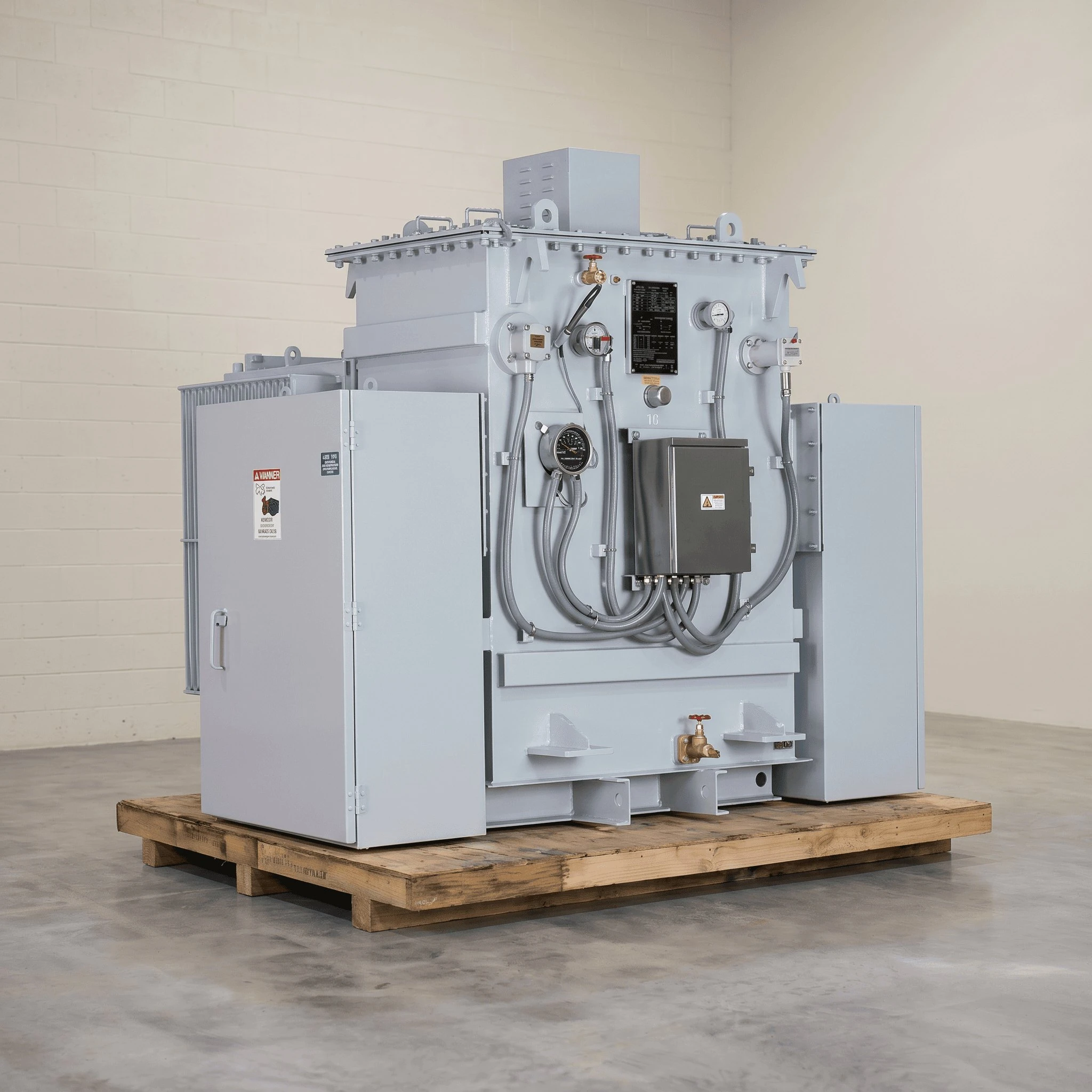 A grey medium-voltage substation transformer on its pallet